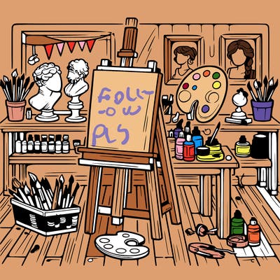 an art studio with canvases, paints, and sculptures