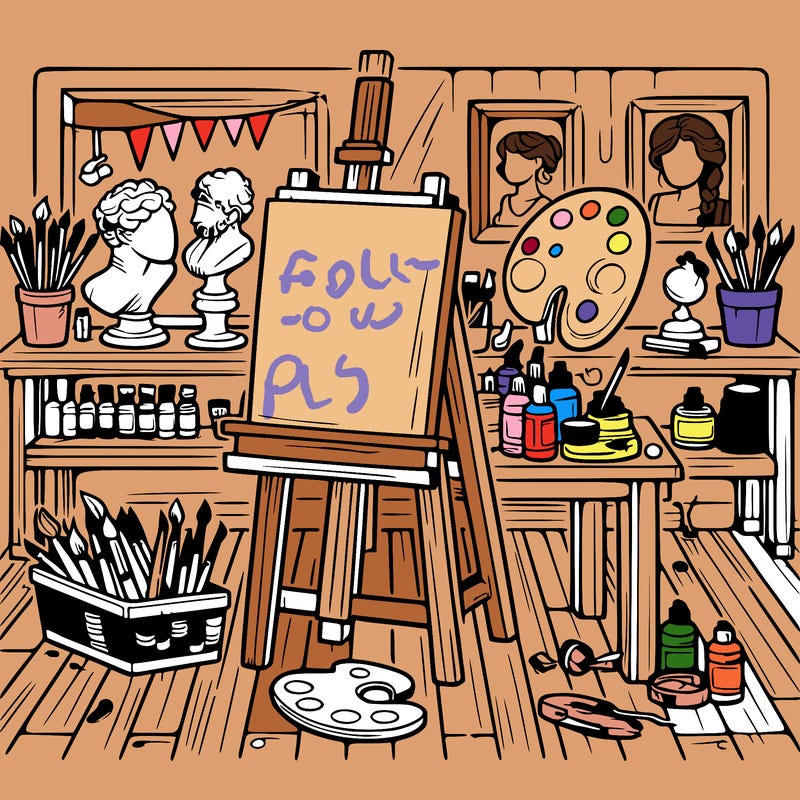 an art studio with canvases, paints, and sculptures