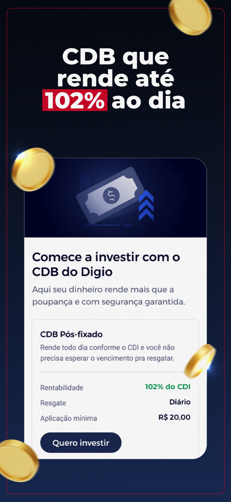 Digio mobile app interface showing CDB investment details with 102 percent CDI yield and daily liquidity options