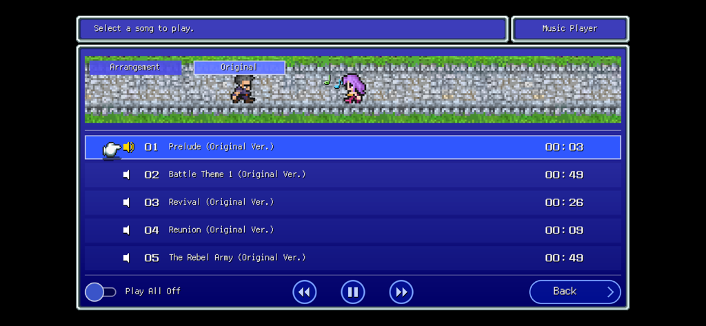 Pantalla del reproductor de música en Final Fantasy II Pixel Remaster con una lista de pistas del juego original y arte de píxeles