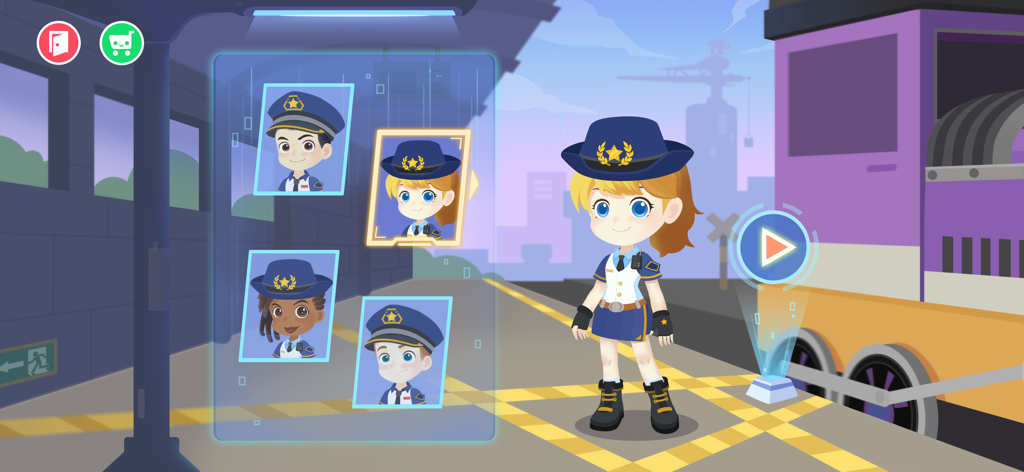 Character selection screen featuring children in police uniforms next to a train in the Dinosaur Guard app.