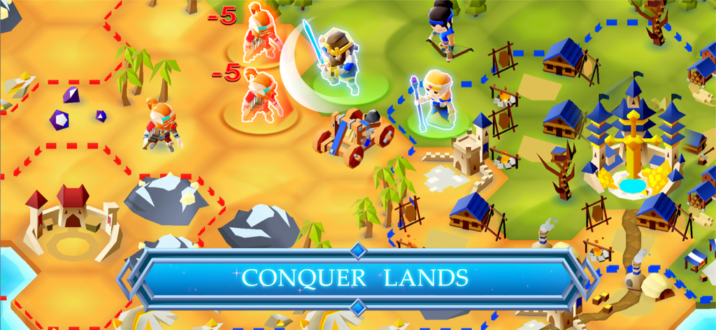 A low poly battle scene on a hex grid in Hexapolis with the text Conquer Lands