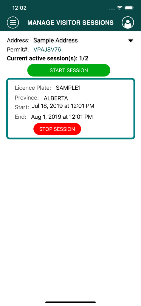 MyParking - Interface of the MyParking app showing a residential permit visitor session management screen with start and stop buttons.