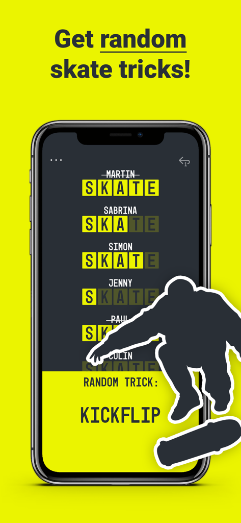 Game of SKATE or ANYTHING - Pantalla de la aplicación Game of SKATE rastreando las letras de los jugadores y mostrando una sugerencia de truco aleatorio