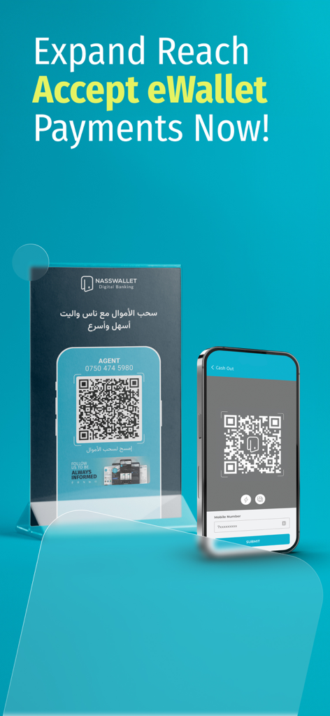NassWallet Agents - A smartphone and physical stand displaying QR codes to accept NassWallet eWallet payments