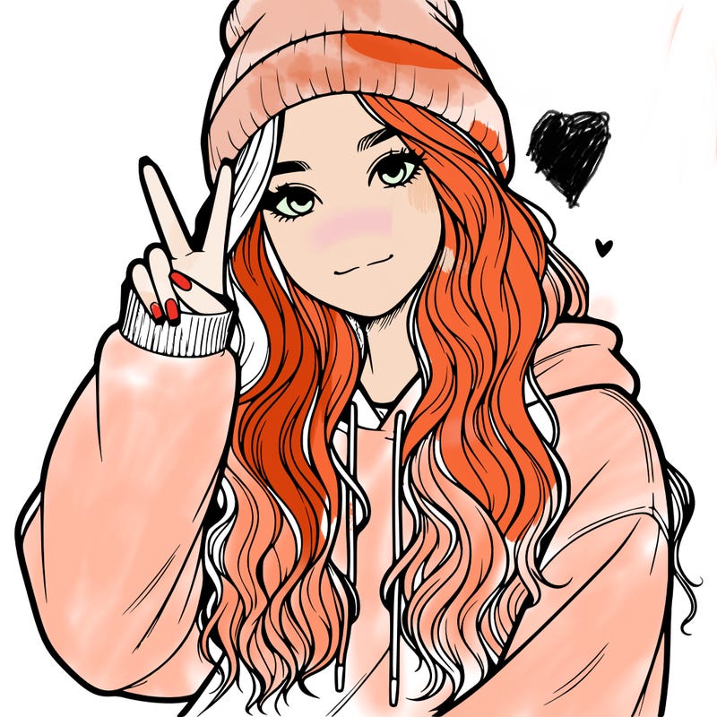 a teenage girl in a beanie, oversized sweatshirt, wavy long hair, and is showing a ✌️