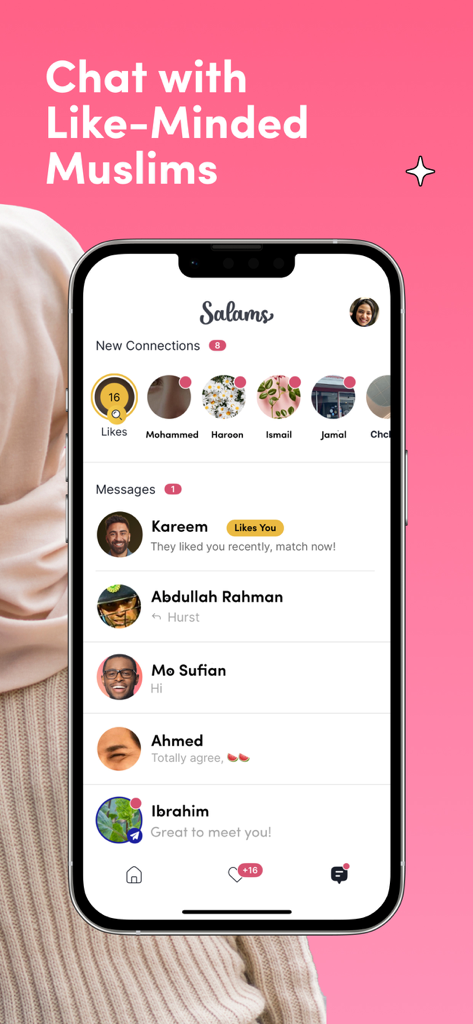 Salams App-Oberfläche, die eine Liste von Chatnachrichten und neuen Verbindungen für muslimisches Networking anzeigt.