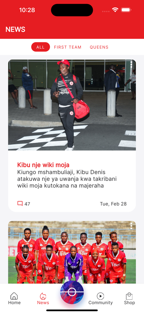 Sección de noticias de la aplicación Simba SC con actualizaciones del club, noticias de jugadores y fotos del equipo.