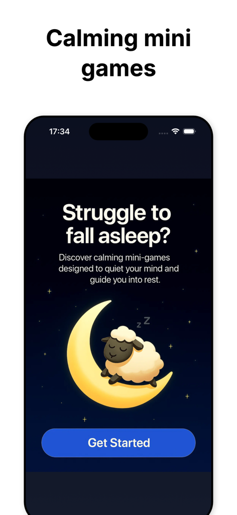Introductory screen for Sleep Games app featuring a sleeping sheep on a crescent moon