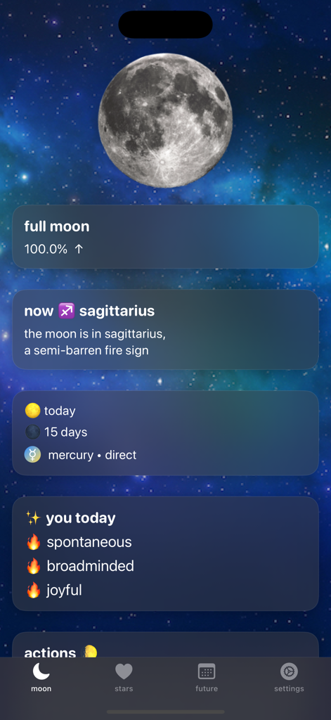 Full moon phase app screen showing moon in Sagittarius and daily astrological traits.