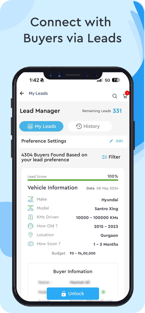 Droom: Buy Used Cars & Bikes - Capture d'écran de l'application mobile Droom affichant l'interface de gestion des prospects avec les détails du véhicule et les prospects acheteurs