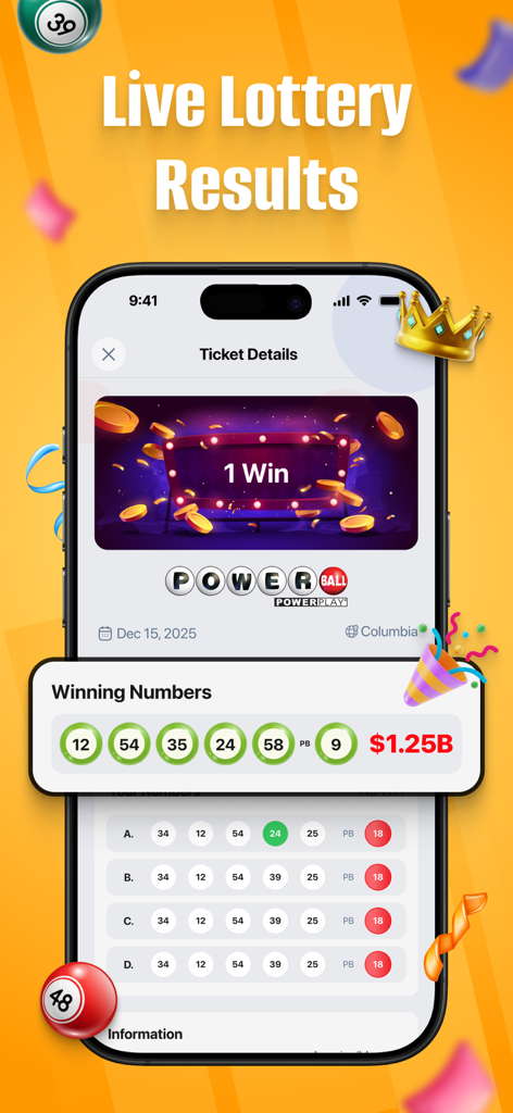 Tela de smartphone mostrando números premiados ao vivo da Powerball e uma exibição de jackpot de um bilhão de dólares