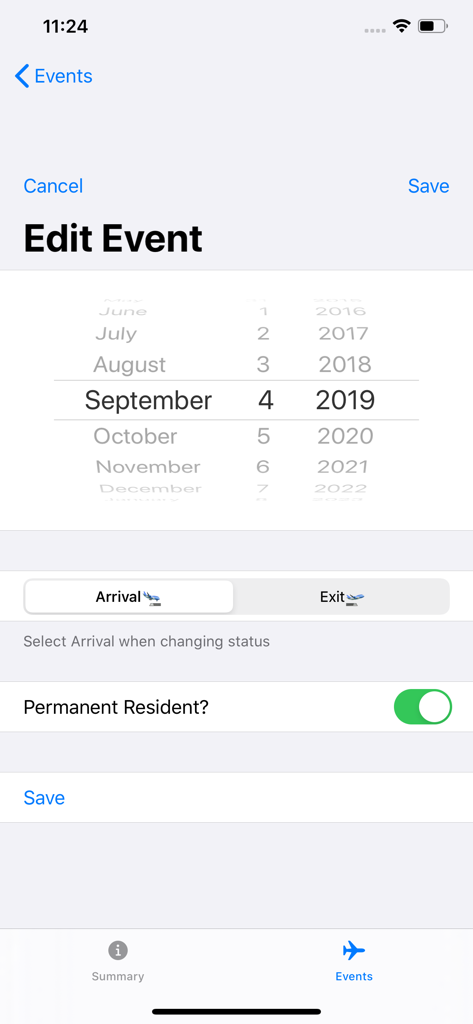 Days in Canada - The Edit Event screen of the Days in Canada app showing a date picker and arrival exit status selection.