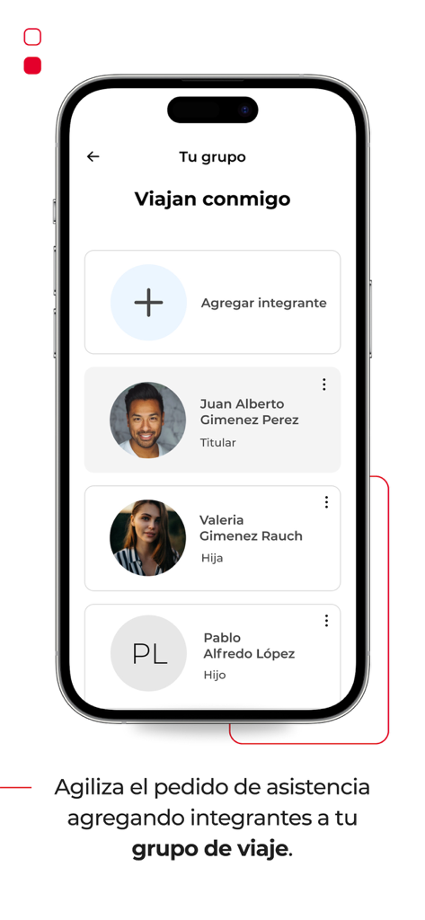 Assist Card mobile app screen for managing travel group members and adding family for assistance
