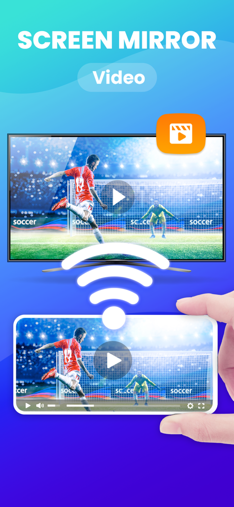 Screen Mirroring Smart View - Um smartphone espelhando um vídeo de futebol para uma grande televisão via Wi-Fi