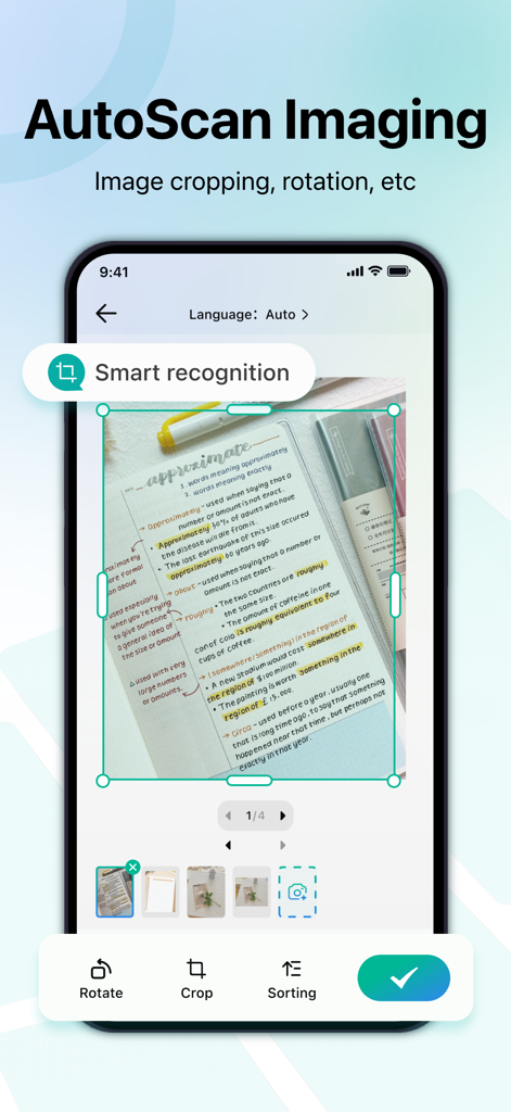 PDF Scanner App: Ai Scanner - A smartphone screen showing the AutoScan Imaging feature for cropping and rotating scanned documents