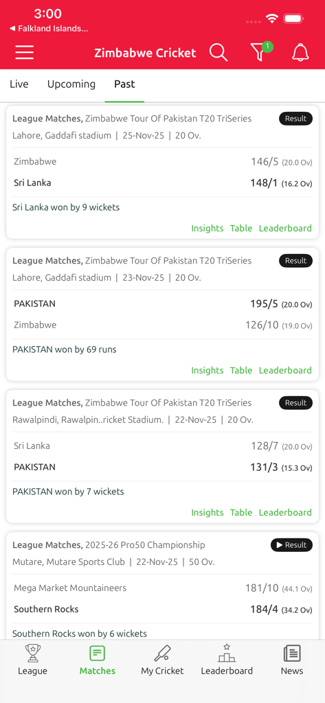 Zimbabwe Cricket - Mobile screen showing past cricket match results and scores in the Zimbabwe Cricket app