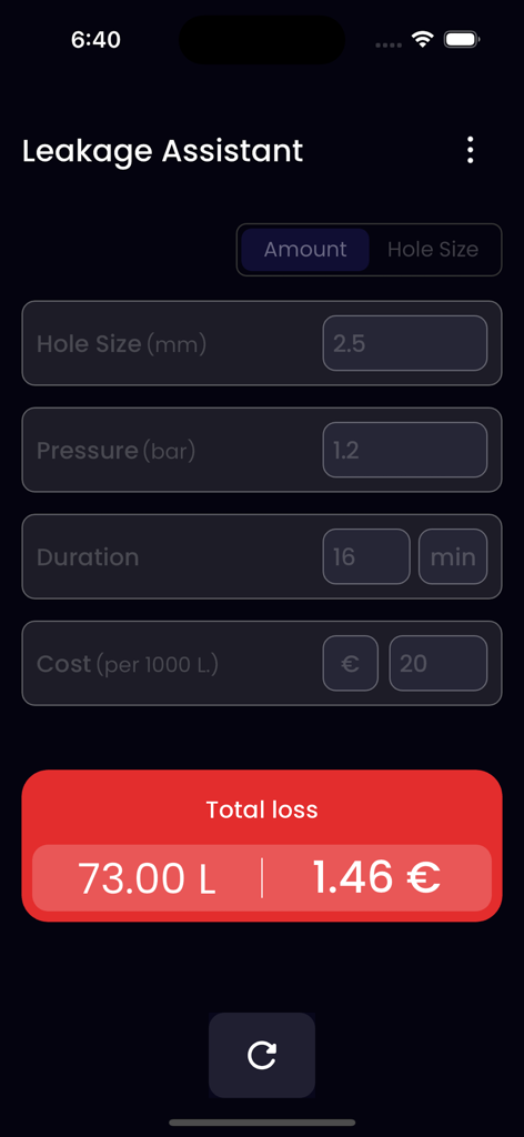 Interface of the Leakage Assistant app calculating total water loss in liters and cost based on hole size and pressure