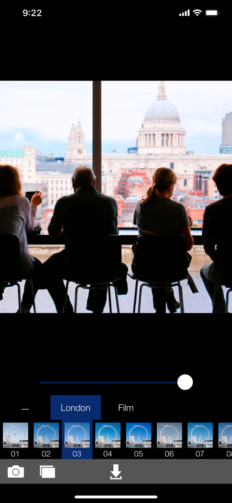 Interface of the Analog London app showing a cityscape photo being edited with vintage style filters