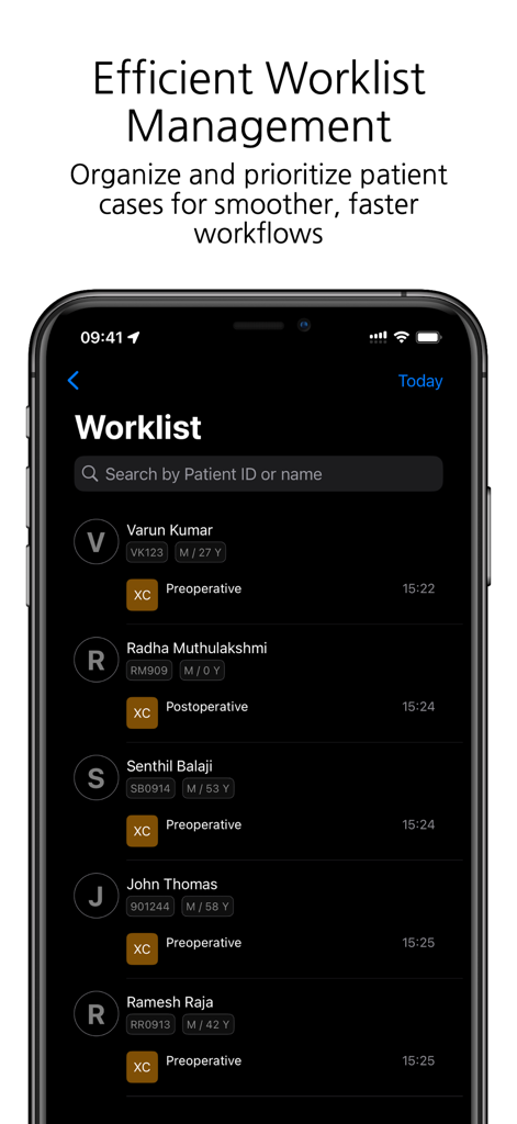 DICOM Camera - DICOM Camera app interface showing a list of patient cases with ID and preoperative or postoperative status.