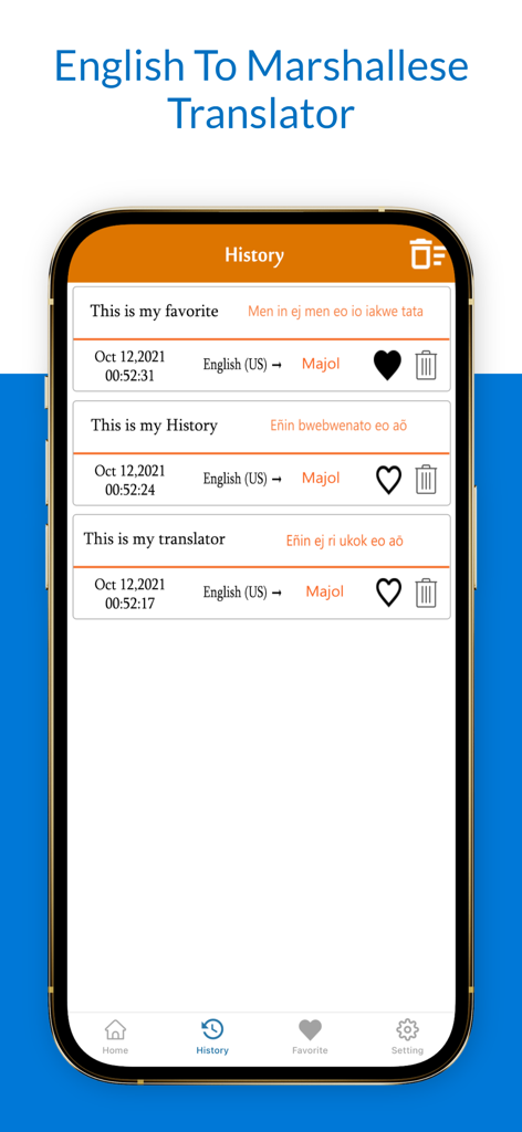 Translation history screen of the English Marshallese Translator app displaying recent translations and favorite options.