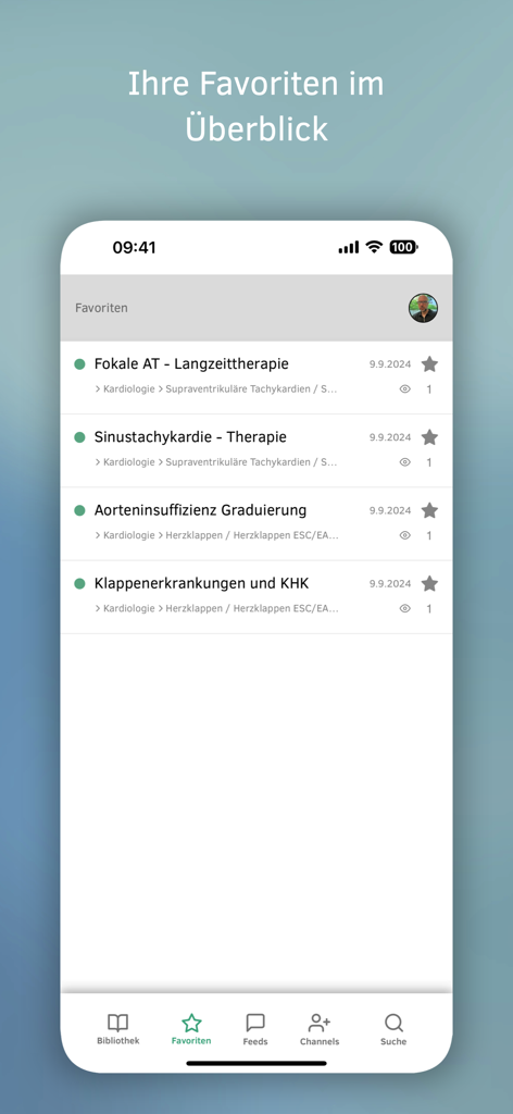 Medbee - Medbee app interface showing a list of saved favorite medical clinical guidelines and treatment protocols.