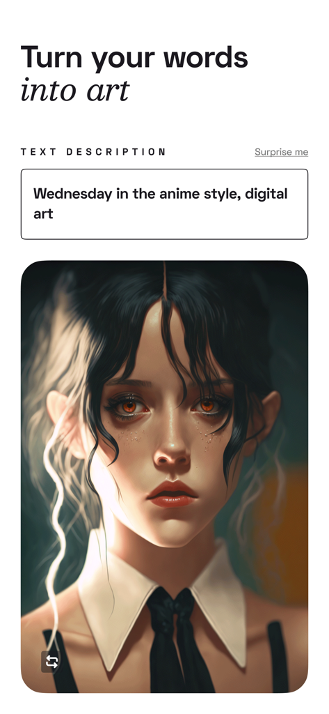 Create AIアプリのインターフェース。テキストプロンプトがアニメスタイルのデジタルポートレートに変換された様子を表示。