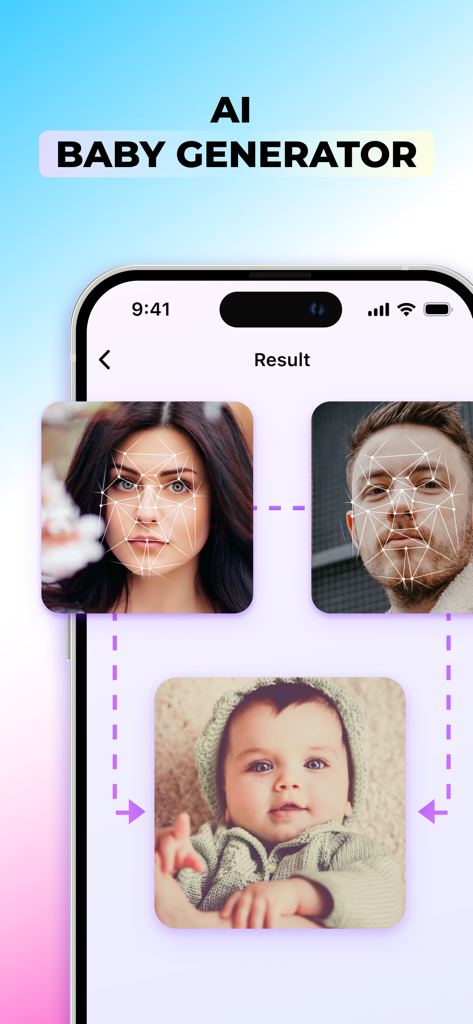 Baby Generator: AI Face Mix - Interface of an AI baby generator app showing a man and a woman's photos being mixed to predict a future child's face.