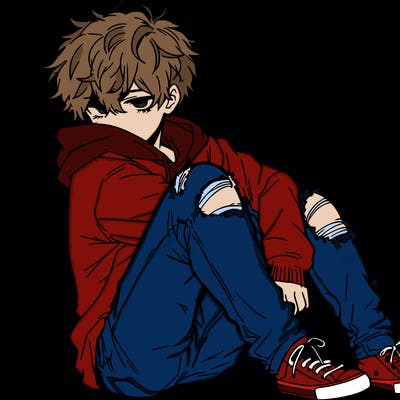 a male hoddie ripped jeans messy hair anime