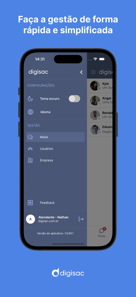 Digisac app side menu showing management and settings options on a mobile device.