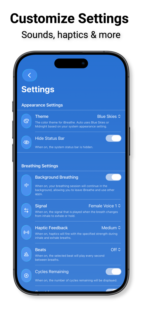 Un écran de smartphone affichant les paramètres de l'application iBreathe pour les signaux de respiration et le retour haptique
