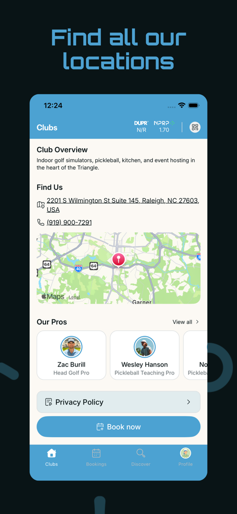 Tela de Clubes do aplicativo Pin Point Inc exibindo um mapa de localização em Raleigh e treinadores profissionais com um botão de reservar agora