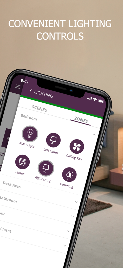 OKKAMI app interface showing mobile hotel room lighting and fan controls