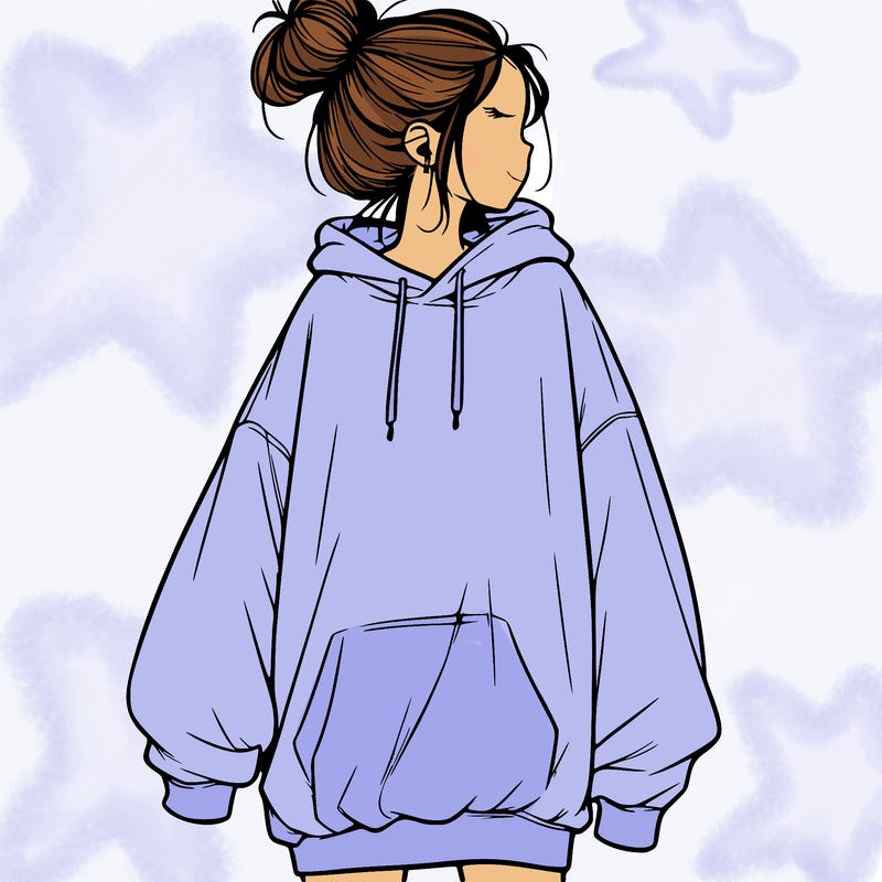 realistic girl with a oversized sweatshirt on and a bun