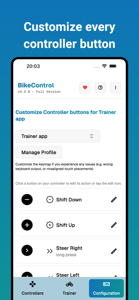 Interface do aplicativo BikeControl mostrando a tela de configuração para personalizar botões do controlador para câmbio virtual e direção.