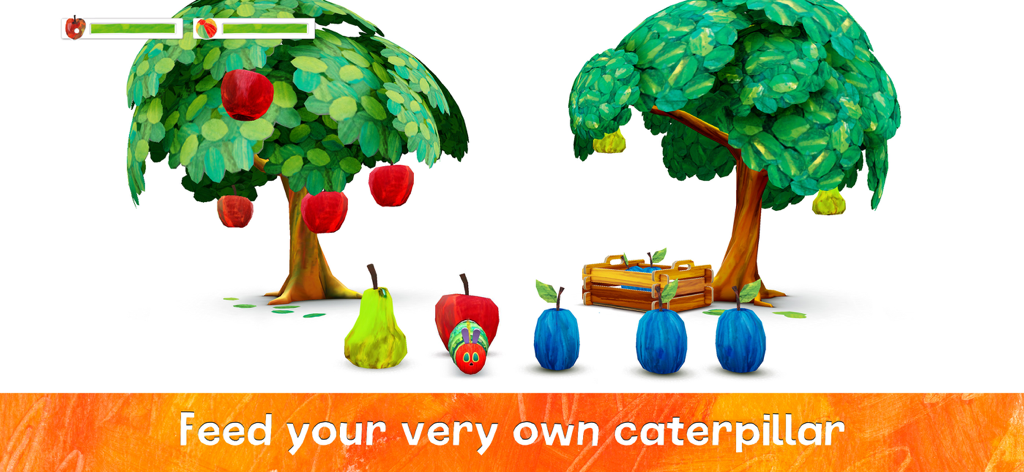 My Very Hungry Caterpillar - The Very Hungry Caterpillar standing in front of an apple, a pear, and three blue plums.