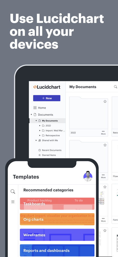 Lucidchart - Lucidchart-App-Oberfläche auf einem Smartphone und Tablet, die Vorlagenkategorien und gespeicherte Dokumente anzeigt