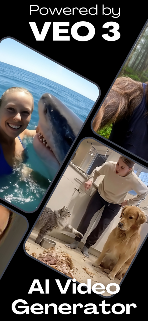 Interfaz de la aplicación AI Studio que muestra ejemplos de generación de vídeo potenciados por la tecnología Veo 3, incluyendo un selfie de tiburón y una escena doméstica con mascotas.