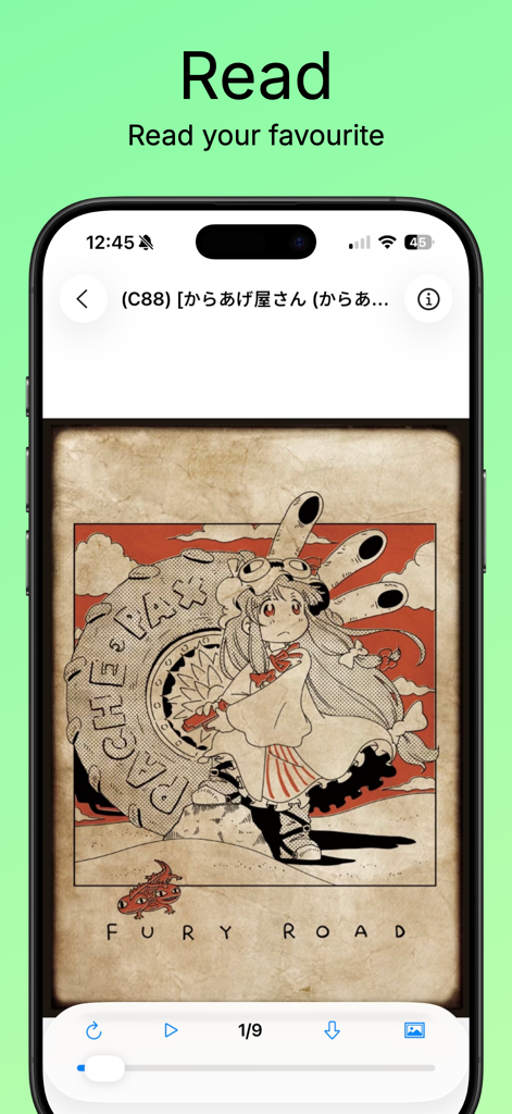 LANreader - Interfaz de la aplicación LANreader que muestra una página de manga y controles del lector en un iPhone