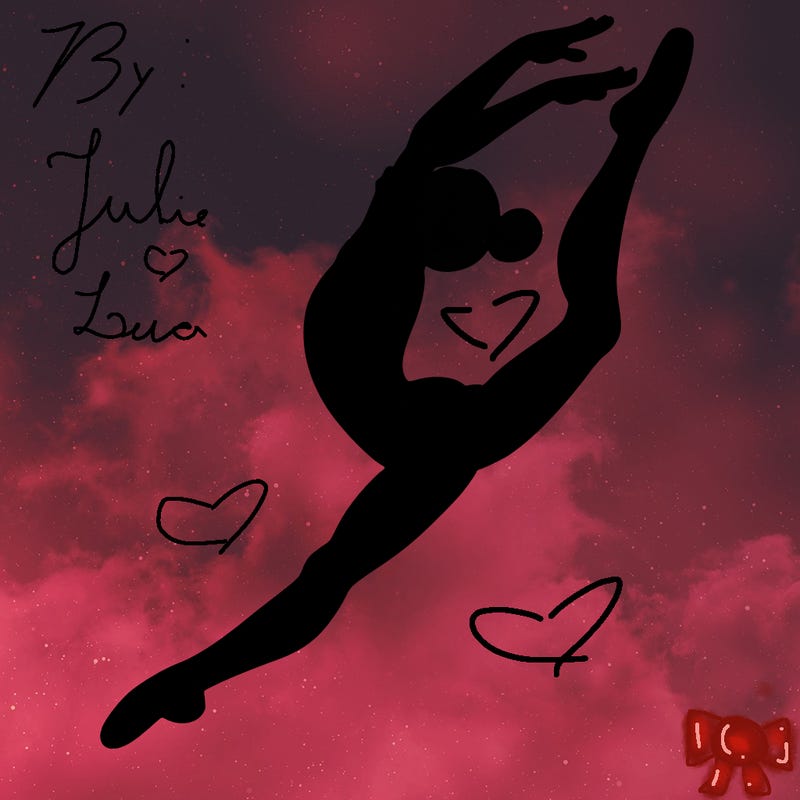gymnast doing a leap in a leotard with a bent back leg