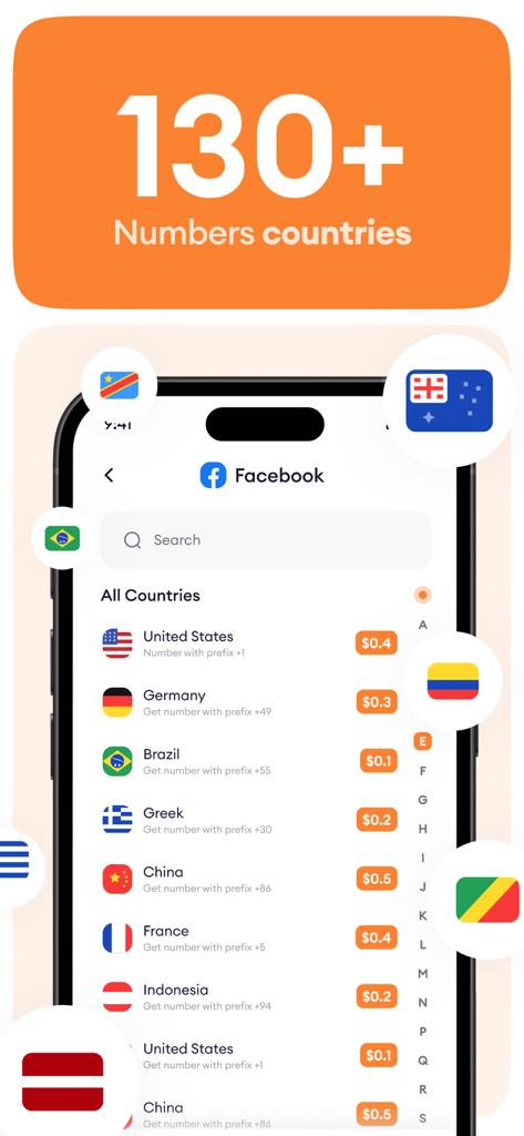 Temp Number - SMS Second Phone - Interface of Temp Number app showing a list of over 130 countries and pricing for temporary SMS verification numbers