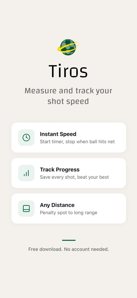 Tiros app screen displaying main features like instant speed calculation and shot progress tracking for soccer players