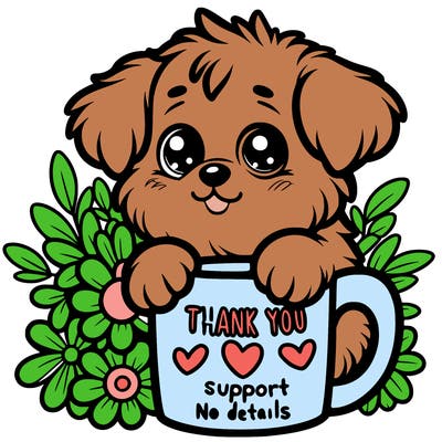 a really cute puppy holding a thank you for support mug with flowers everywhere
