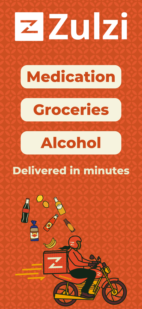 Zulzi app promotional screen highlighting fast delivery for medication, groceries, and alcohol with a courier on a motorcycle.