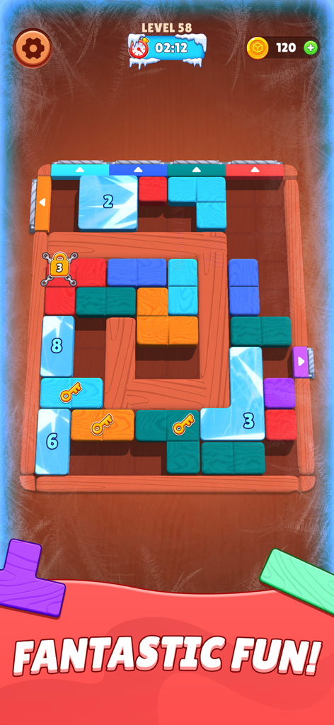 Screw Block Escape - A challenging sliding block puzzle level in Screw Block Escape featuring colorful wooden and icy blocks.