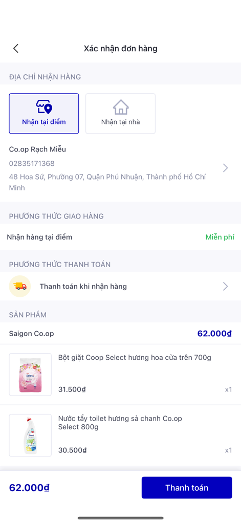 Checkout screen of the Coop Online app showing order details and delivery selection