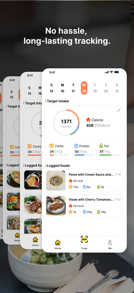 CaloPal - AI Calorie Tracker - Panel de la aplicación CaloPal que muestra el objetivo de calorías y los alimentos registrados diariamente con fotos