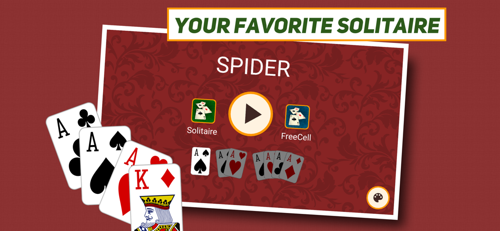 Main menu screen for Spider Solitaire Classic app featuring Spider and FreeCell game modes on a red background.