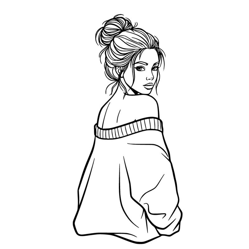 make a drawing that has a girl with 1 messy bun in an oversized sweater