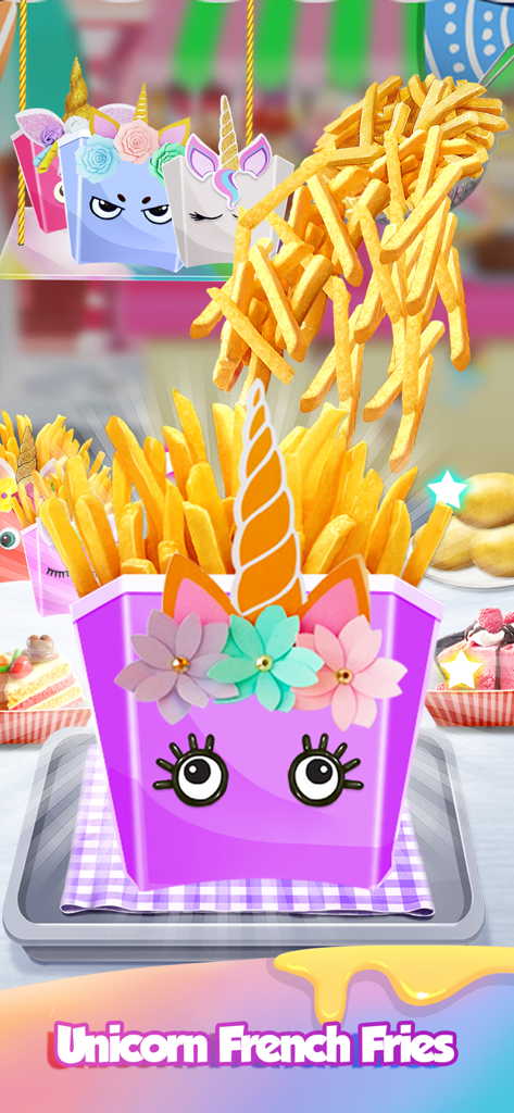 Carnival Unicorn Fair Food - A purple unicorn themed box being filled with golden french fries in a colorful carnival cooking game.